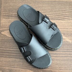 Dr. Martens Black Leather Double-Buckle Slide Sandals with Yellow Stitching